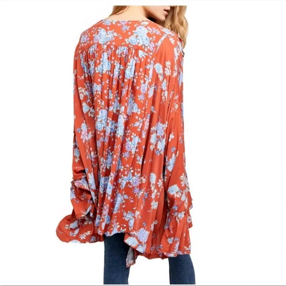 Free People Lorretta pop Print Tunic blouse long sleeve floral ruffle oversized - Picture 2 of 15